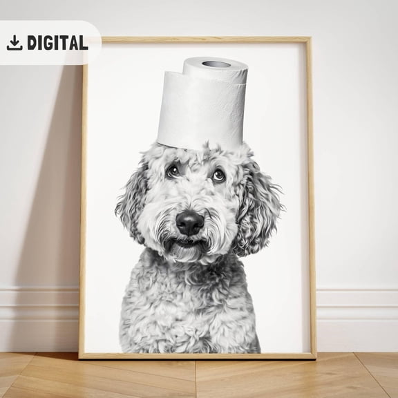 Goldendoodle Bathroom Wall Art, Trendy Home Decor, Dog With Tet Paper On Head Poster, Quirky Tet Poster, Pet Portrait Wc Sign, Unframed Poster Size 8x12