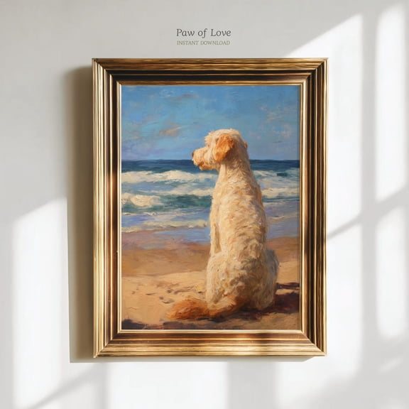 Goldendoodle Beach Summer Painting Print, Labradoodle Coastal Printable Wall Art Poster Unframed Paper Print