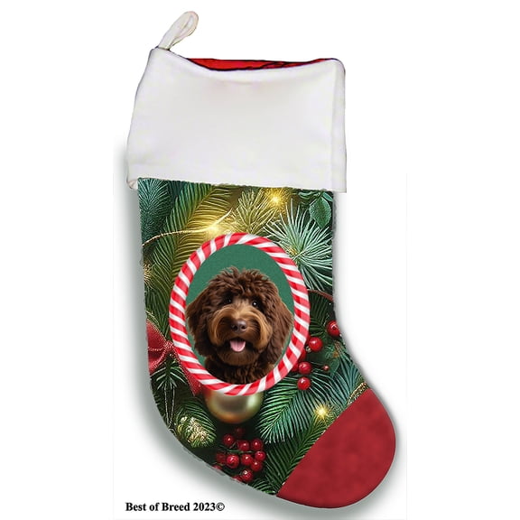Goldendoodle Chocolate - Best of Breed Christmas Stocking 13.5" Red Gaming Cloth with Red Lining ,Plush White Cuff