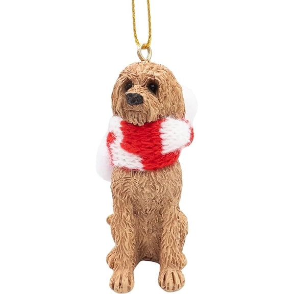 Goldendoodle Christmas Tree Dog Ornament with Candy Cane Fabric Scarf