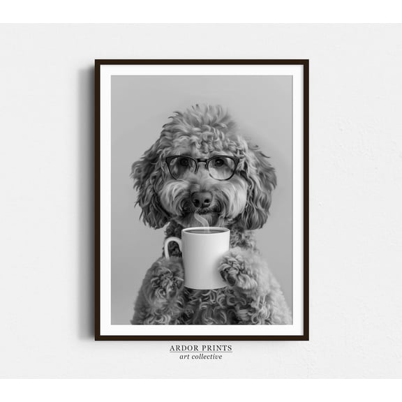 Goldendoodle And Coffee Wall Art Black And White Print Coffee Lover Print Dog Gift Dog Poster Coffee Bar Art Kitchen Wall Decor Decor For Living Room Bedroom