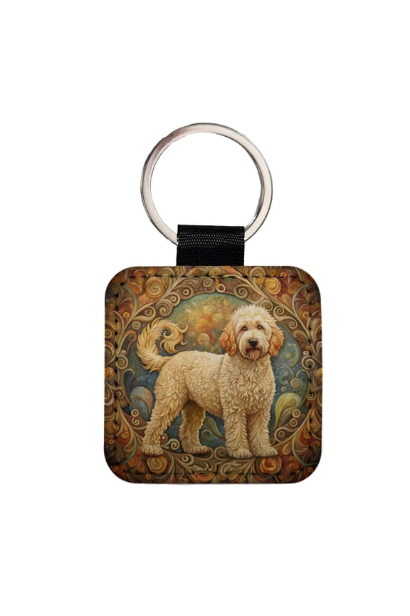 Goldendoodle Dog Art Nouveau Faux Leather Square Keychain