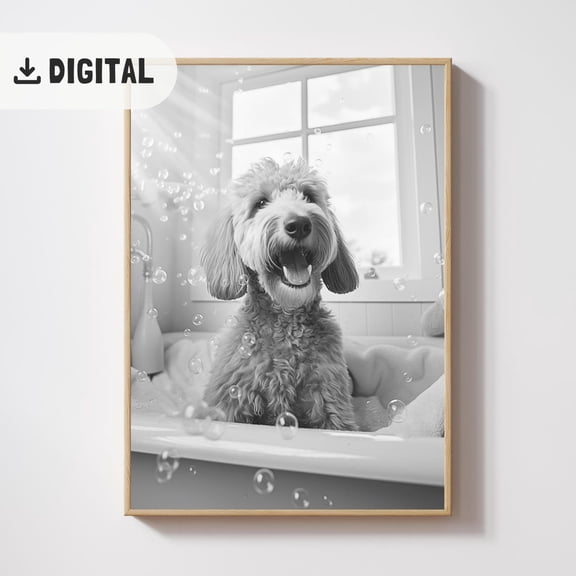 Goldendoodle Dog Bathroom Wall Art, Home Decor , Doodle On The Bath, Quirky Art Dog Tet , Pet Portrait Dog Bathtub Wc Unframed Paper Print
