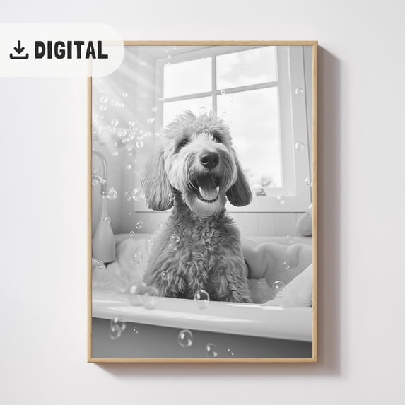 Goldendoodle Dog Bathroom Wall Art, Home Decor Poster, Doodle On The Bath, Quirky Art Dog Tet Poster, Pet Portrait Dog Bathtub Wc, Unframed Canvas Size 12x18