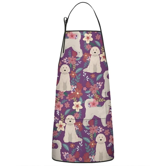 Goldendoodle Dog and Flower Floral Apron-Garden Aprons for Women with Pockets-Cotton Linen Waterproof Kitchen Cooking Gardening Aprons Adjustable for Kitchen,Cooking,BBQ and Salon 33x27 Inch