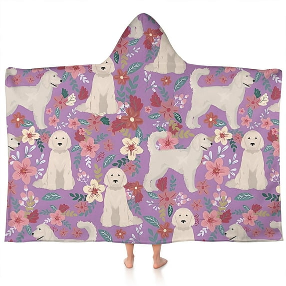 Goldendoodle Dog and Flower Floral Hooded Bath Towel,60"x35" for Ages 3 To 12 Kids, Quick Dry Lightweight Soft Microfiber Hood Beach Towel Cover Up for Kids