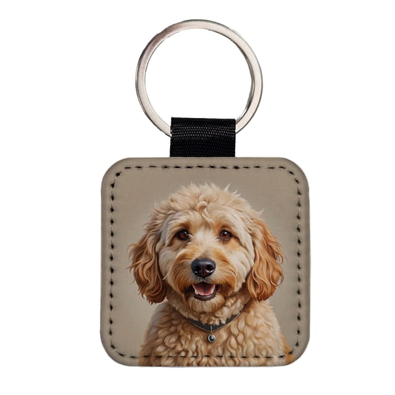 Goldendoodle Dog Illustration Faux Leather Square Keychain