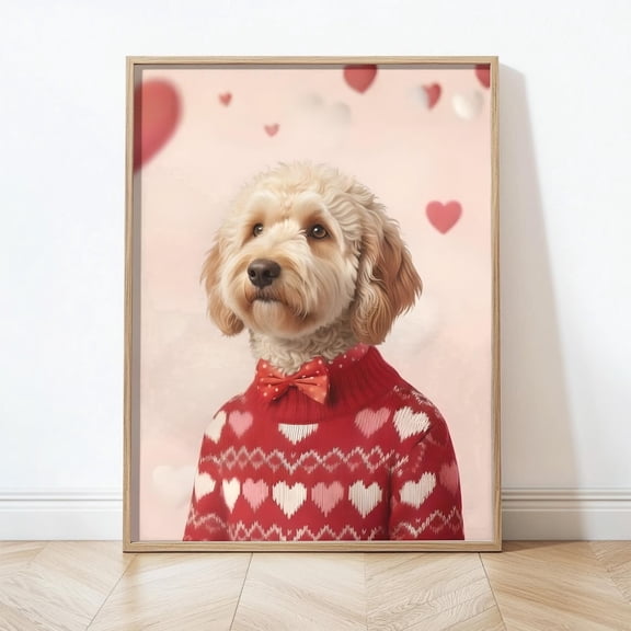Goldendoodle Dog Valentine Wall Art Whimsical Hearts Cute Pet Poster, Stretched Canvas 12x16in