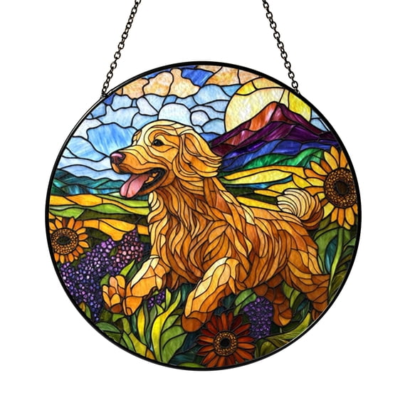 Goldendoodle Dog Window Suncatcher Hanging Decor, Stained Glass Style Floral Wildflower Dog Portrait Decorative Panel Art for Window Decoration, Pet Lover Home Ornament