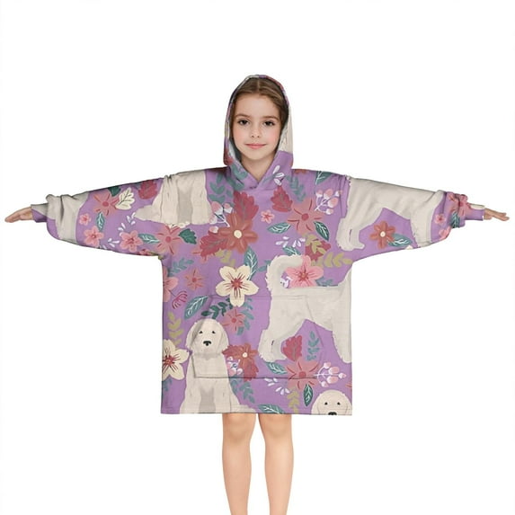 Goldendoodle Dog and Flower Floral Blanket Hoodies for Kids 6-13YR Oversize Wearable Blanket Hoodies for Boys Girls Teens