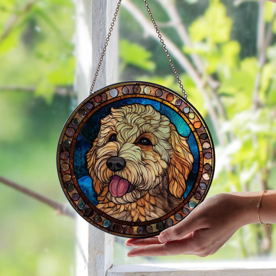 Goldendoodle Glass Suncatcher, Dog Breed Pet Memorial, Unique Animal Lover, 6.3 in