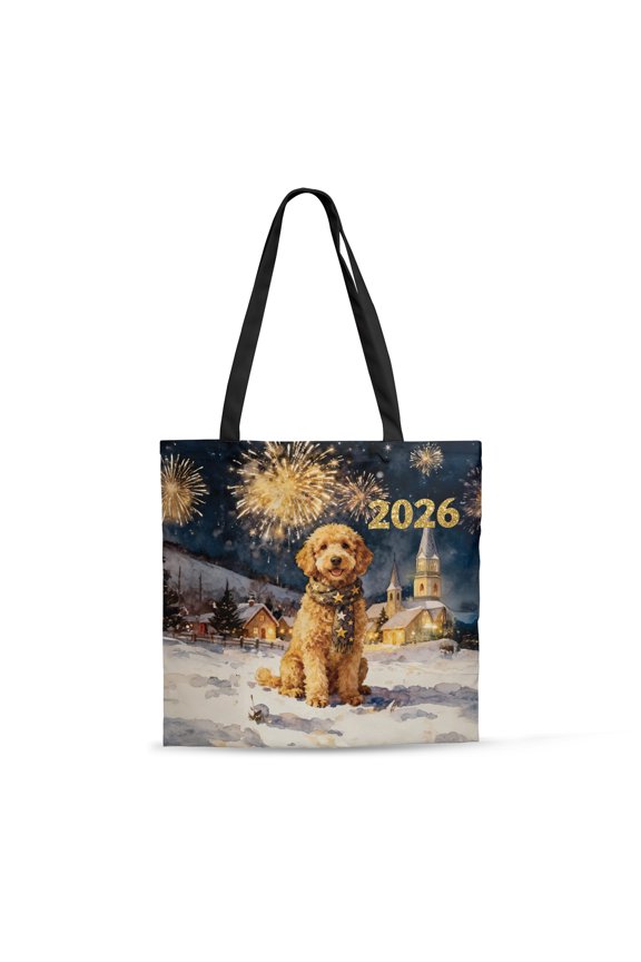 Goldendoodle Happy New Year 2026 with Fireworks on New Year's Eve All Over Print 3D Canvas Tote Bag Doodle Dog Lover Gifts Idea Reusable Handbag - 12022
