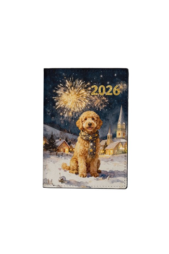 Goldendoodle Happy New Year 2026 with Fireworks on New Year's Eve Travel Passport Wallet Doodle Dog Lover Gifts Idea PU Leather Passport Holder Cover - 12022