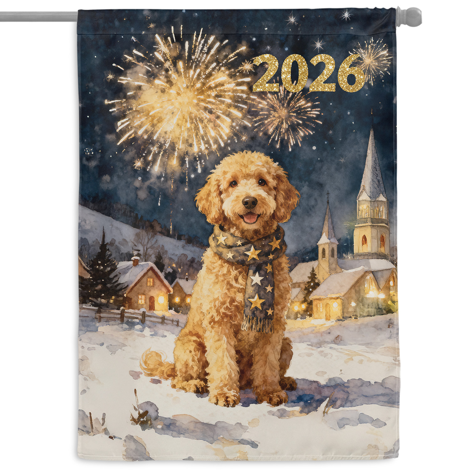 Goldendoodle Happy New Year 2026 with Fireworks on New Year's Eve House Flag 28x40in Double Sided Doodle Dog Lover Gifts Idea Outdoor Decor - 12022