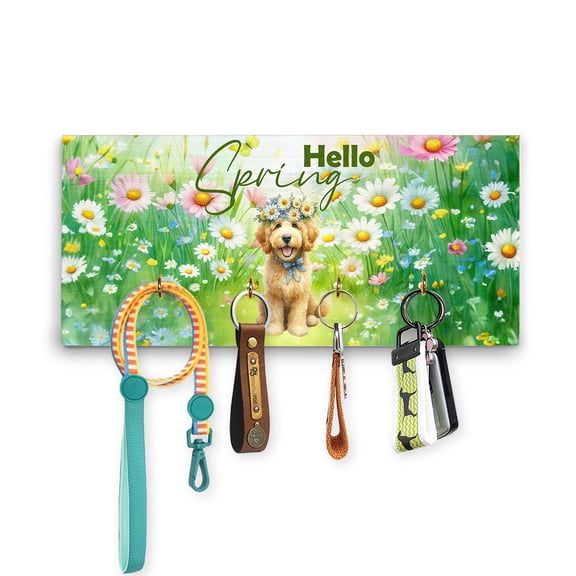 Goldendoodle Hello Spring Time Flower Floral Nature Wood Key Holder Doodle Dog Lover Gifts Idea Wall-mounted Key Rack Home Decor - 02031