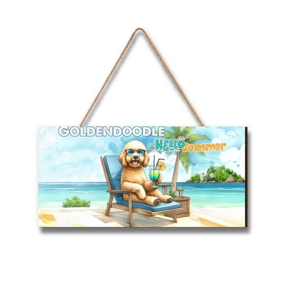 Goldendoodle Hello Summer Beach Theme with Sunglasses and Tropical Cocktail Landscape Wood Sign Doodle Dog Lover Gifts Idea Hanging Wall Home Decor - 00009