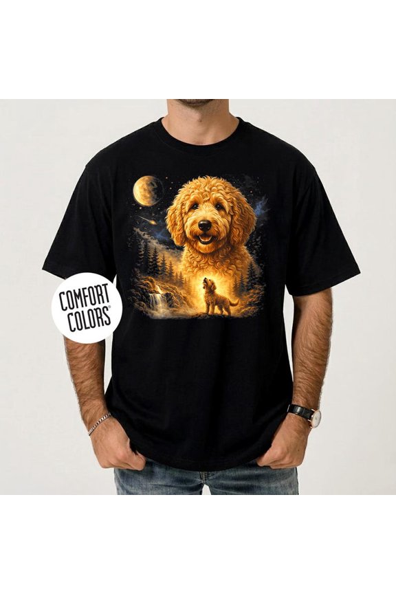 Goldendoodle Howling Moon Shirt, Vintage 90s Animal Graphic Tee, Retro Night Sky Dog Illustration Top, Comfort Colors Unisex Cotton T-Shirt, Sizes S-3XL