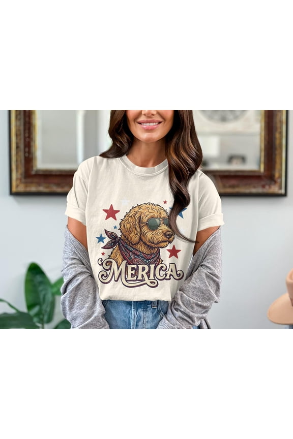 Goldendoodle Merica Shirt, Funny 4th of July Dog Unisex Cotton T-Shirt, Sizes S-3XL
