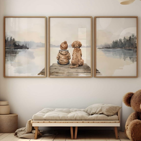 Goldendoodle Nursery Decor, Boy & Goldendoodle, Lake Nursery Art, Golden Doodle Print Set Of 3, Dog Nursery Art, Dog Decor For Boy Wall Art, Modern Wall Decor, 24x36 UNFRAMED