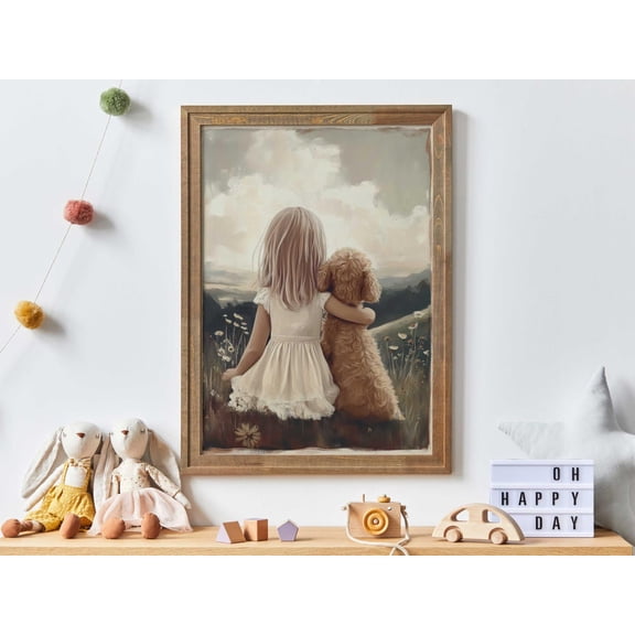 Goldendoodle Nursery Print, Girl & Dog Art Print, Cream Cockapoo Print, Dog Nursery Decor, Toddler Decor Girl, Dog Wall Art Wall Art, Modern Wall Decor, 12x18 UNFRAMED