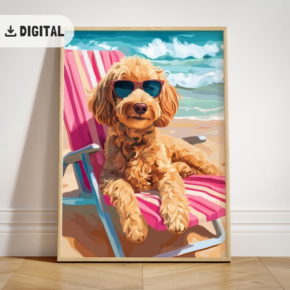 Goldendoodle Poster, Colorful Summer, Doodle Dog Coastal Poster Wall Art, Beach Decor, Unframed Poster Size 12x18