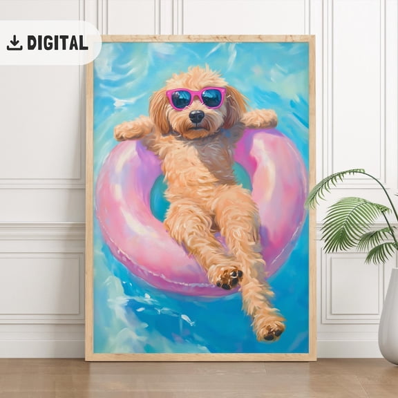 Goldendoodle Poster Colorful Summer Trendy Doodle Dog Beach Decoration Coastal Poster Wall Art Maximalist Decor Dopamine, F100, Unframed Canvas Size 8x12