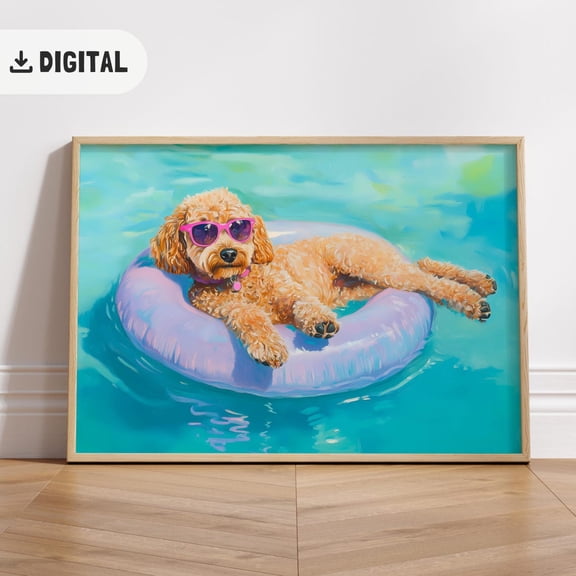 Goldendoodle Poster Colorful Summer Trendy Doodle Dog Beach Decoration Coastal Poster Wall Art Maximalist Decor Dopamine, Unframed Poster Size 8x12