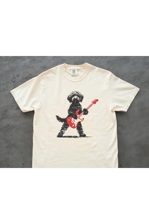 Goldendoodle Rock Guitar Graphic Shirt, Music Lover Doodle Dog Illustration Tee, Rock Style Pet-Inspired, Comfort Colors Unisex Cotton T-Shirt, Sizes S-3XL