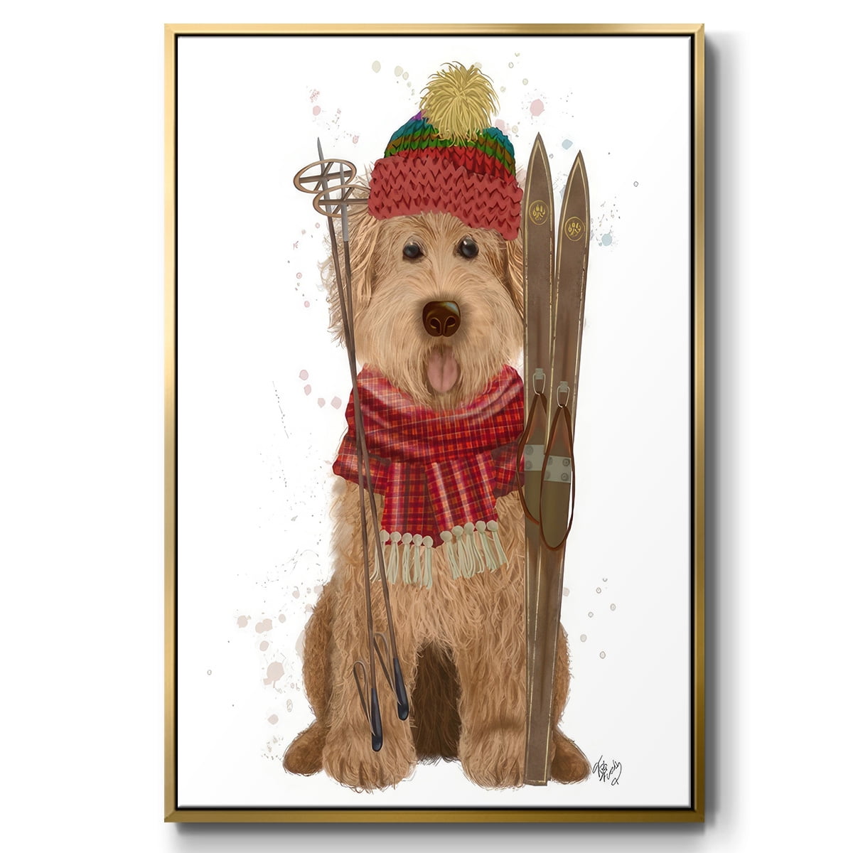Goldendoodle Ski Dog - Framed Gallery Wrapped Holiday Canvas - 17 x 25 - Gold Frame
