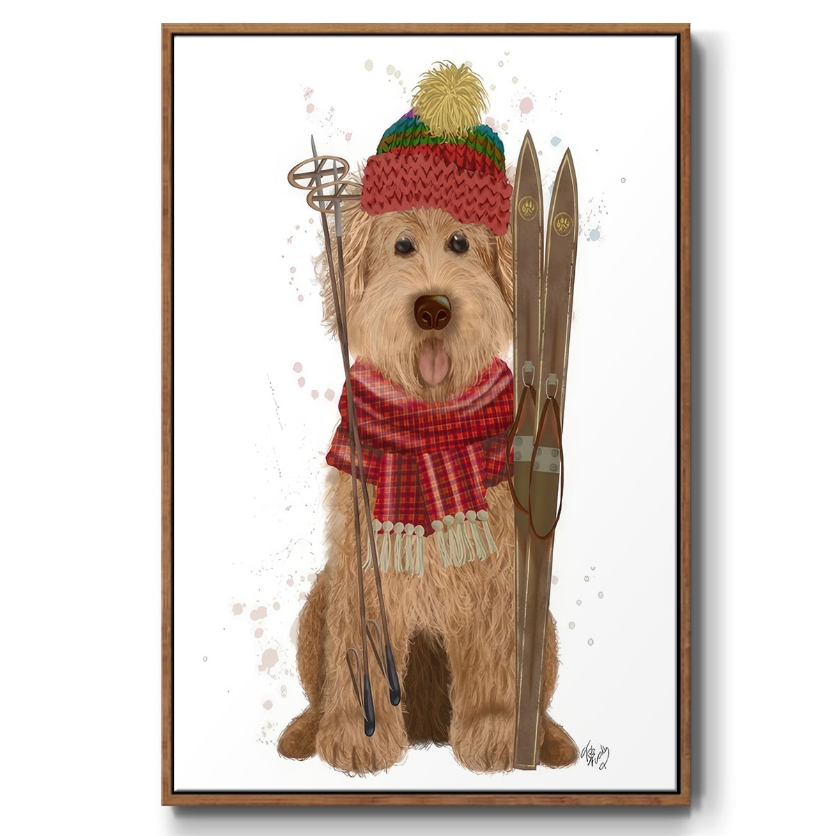 Goldendoodle Ski Dog - Framed Gallery Wrapped Holiday Canvas - 25 x 37 - Rosewood Frame