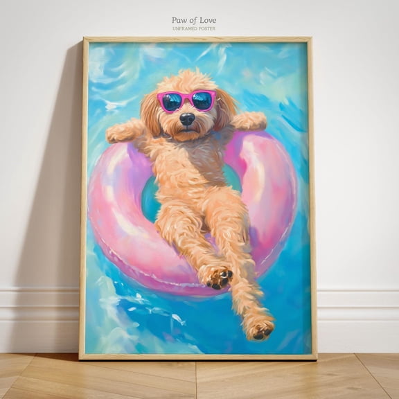 Goldendoodle Summer Funny Doodle Dog Beach Coastal Poster Unframed Paper Print