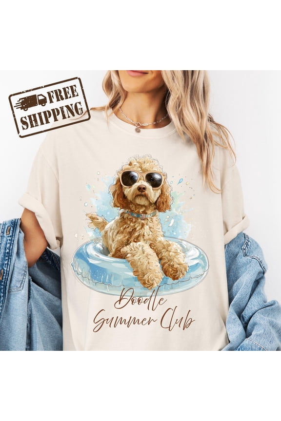 Goldendoodle Summer Shirt, Pool Float Dog Tee, Unisex Cotton T-Shirt, Sizes S-3XL