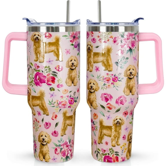 Goldendoodle Tumbler 40oz - Insulated Stainless Steel Travel Mug with 3D-Printed Dogs & Vintage Floral Design - Perfect Gift for Dog Lovers & Owners
