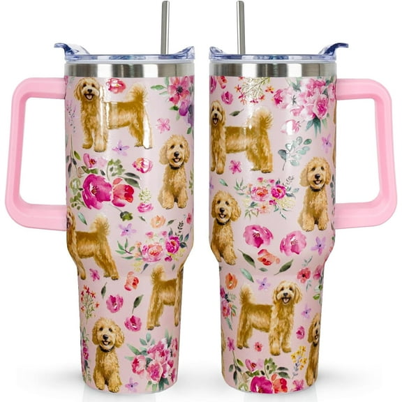 Goldendoodle Tumbler 40oz - Insulated Stainless Steel Travel Mug with 3D-Printed Dogs & Vintage Floral Design - Perfect Gift for Dog Lovers & Owners