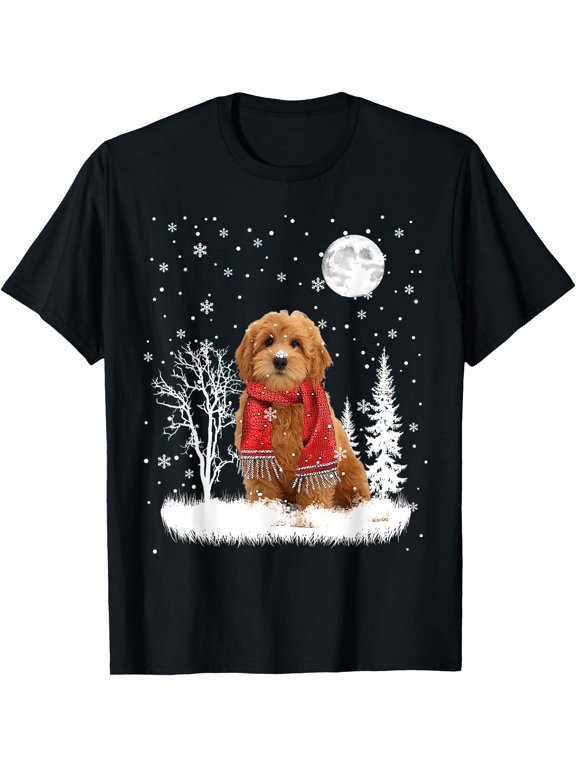 Goldendoodle Under Moonlight Snow Christmas Pajama T-Shirt