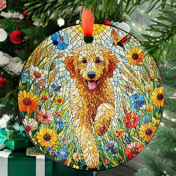 Goldendoodle wildflowers GLASS Suncatcher Hanging, golden doodle suncatcher window decor, golgen doodle mom gift suncatcher hanging, Ornament 2025, Holiday 2025, Seasonal Holiday