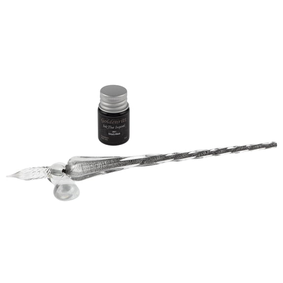 Goldenritt Hand-blown Crystal Glass Dip Pen for Writing, Drawing, Signatures, Hand Lettering and Art, Includes Pen Rest and Black Ink - Gift Box Set - Graphite
