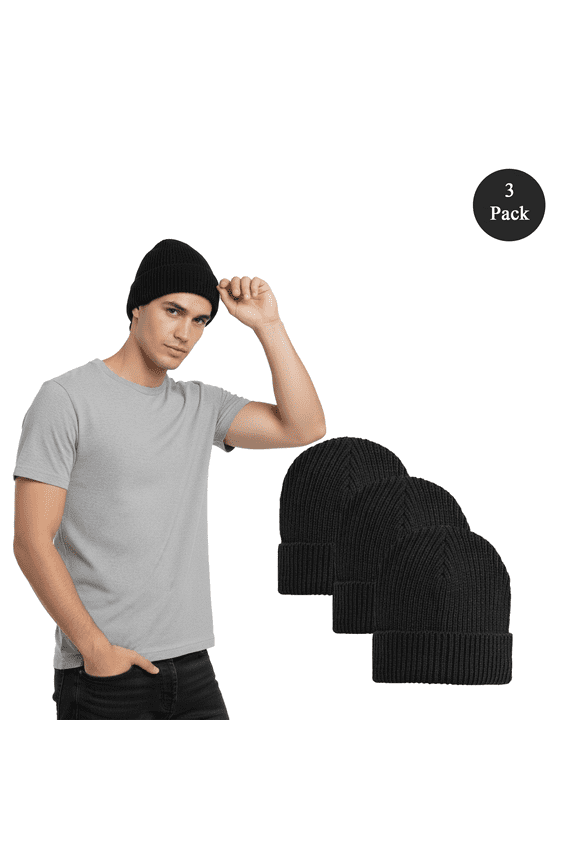 Classic Ribbed Knit Cuffed Beanie Hat, 3-Pack, Fleece Lined Warm Winter Black Beanies Caps