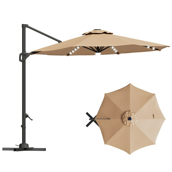 Goldensoil 10ft Outdoor Patio Cantilever Umbrella With Crank Handle, Base and Solar LED light, Tan