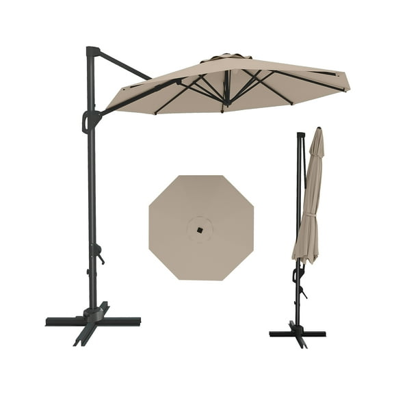 Goldensoil 10ft Outdoor Patio Cantilever Umbrella With Crank Handle, Cross Base,360° Rotation, Tan