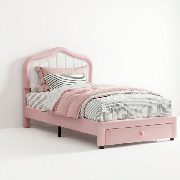 Goldensoil 11.4" Full Size Bed Frame for Girls, with Storage Drawer & Smart LED Headboard, Pink & White
