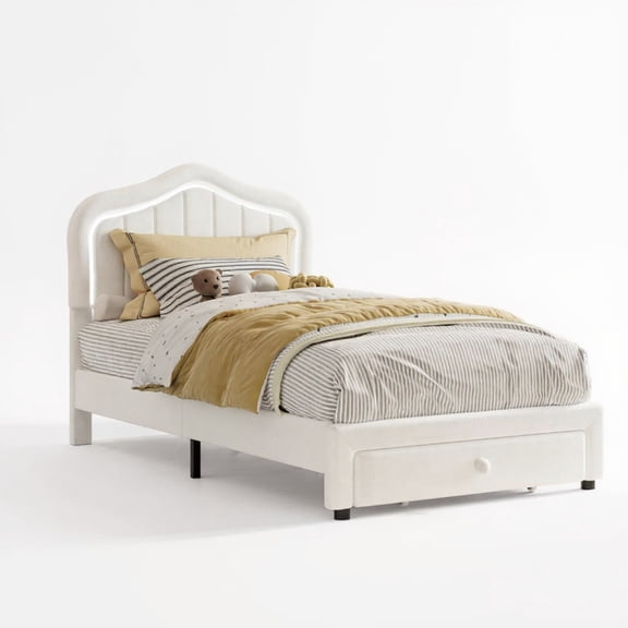Goldensoil 11.4" Twin Size Bed Frame for Girls, with Storage Drawer & Smart LED Headboard, White