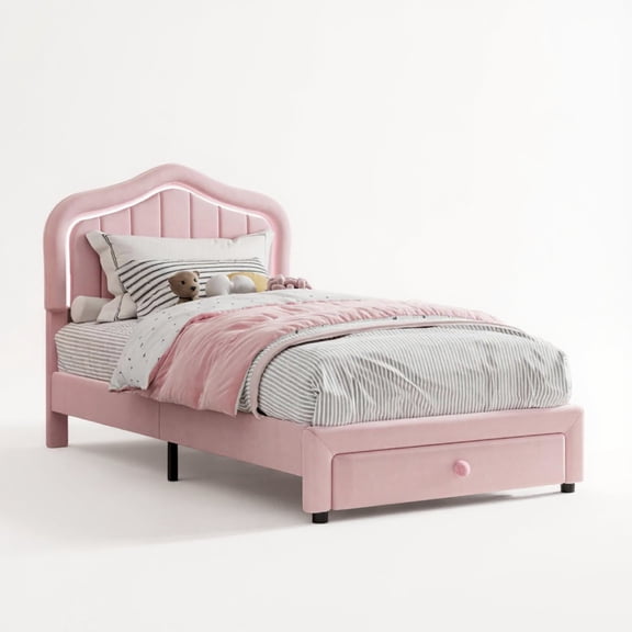 Goldensoil 11.4" Twin Size Bed Frame for Grils, with Storage Drawer & Smart LED Headboard, Pink