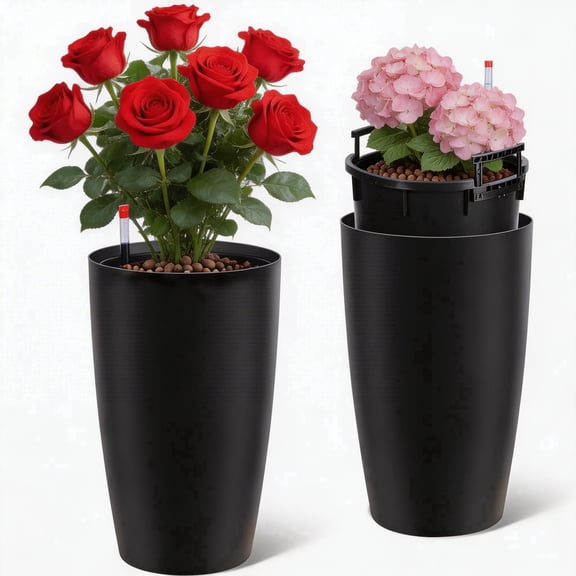Goldensoil 2 Pack 21.5" Tall Round Planter Pots, with Water Level Monitor ＆ Inner Bucket, Black