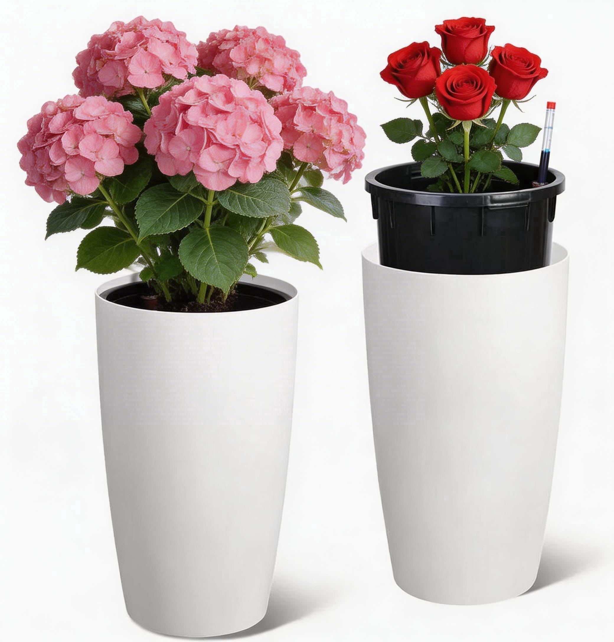 Goldensoil 2 Pack 21.5" Tall Round Planter Pots, with Water Level Monitor & Inner Bucket, White