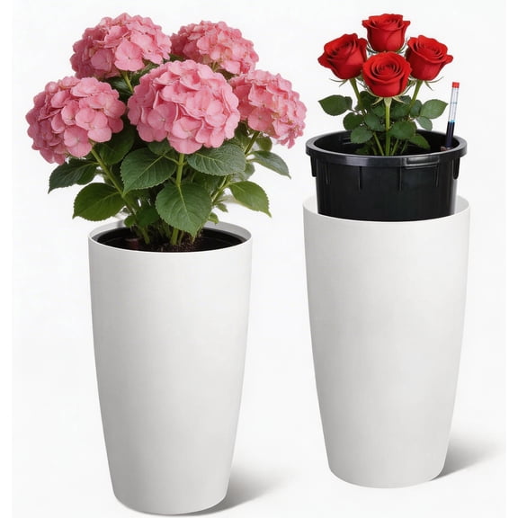 Goldensoil 2 Pack 21.5" Tall Round Planter Pots, with Water Level Monitor & Inner Bucket, White