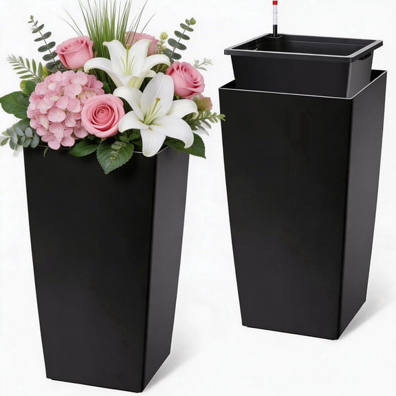 Goldensoil 2 Pack 29.5" Tall Self-watering Planter Pots, Drainage Holes＆Water Level Monitor, Black