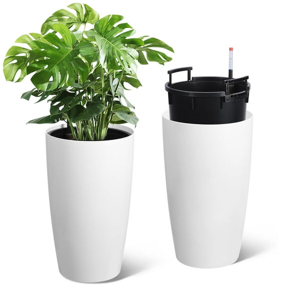 Goldensoil 22" Tall Round Planter Set of 2, Self Watering Pots with Water Level Monitor, White