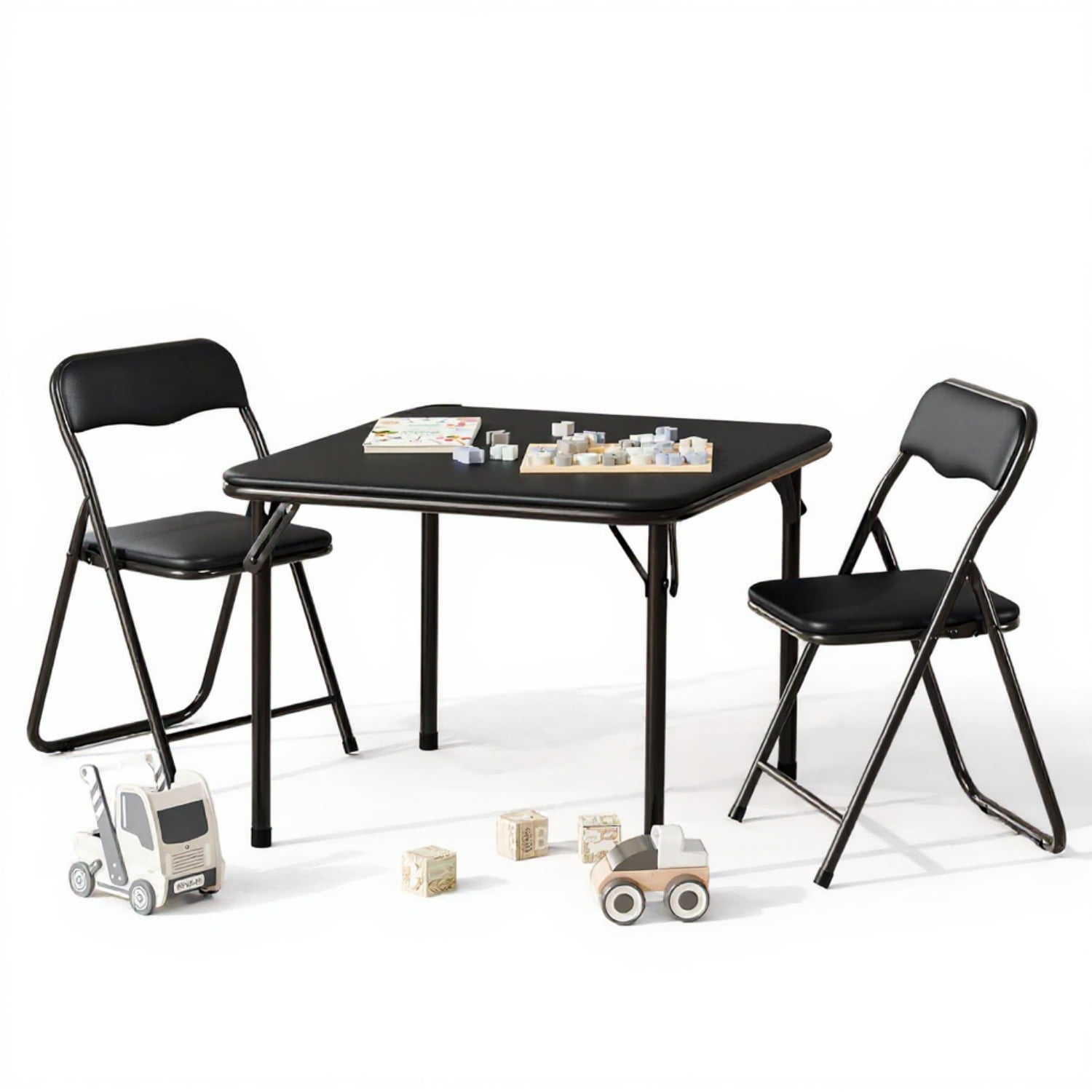Goldensoil 3 Piece Folding Table and Chair Set, with PU Cushion, Black