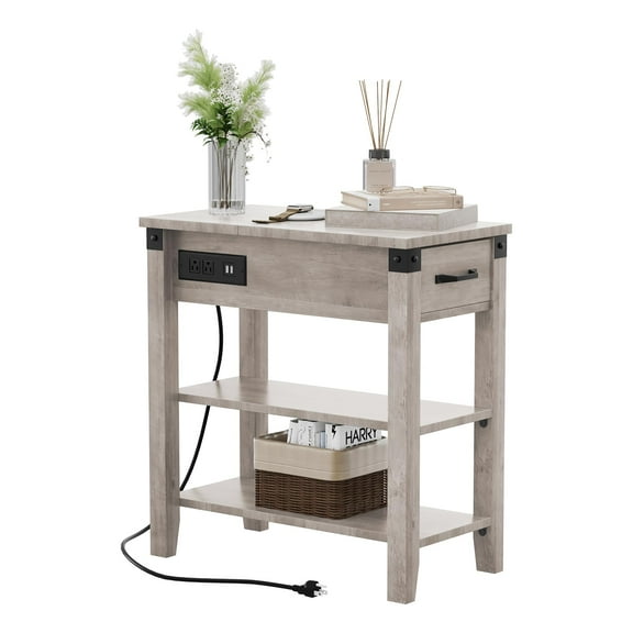 Goldensoil 3-Tier End Table with Charging Station, Drawer & Storage for Living Room Bedroom, Grey